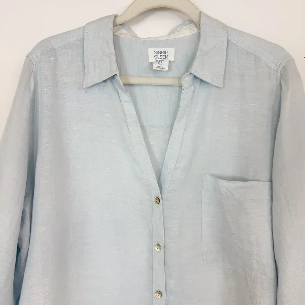 Sigrid Olsen 100% Linen Light Blue Button Down Long Sleeve Top Women's XL - Picture 2 of 12